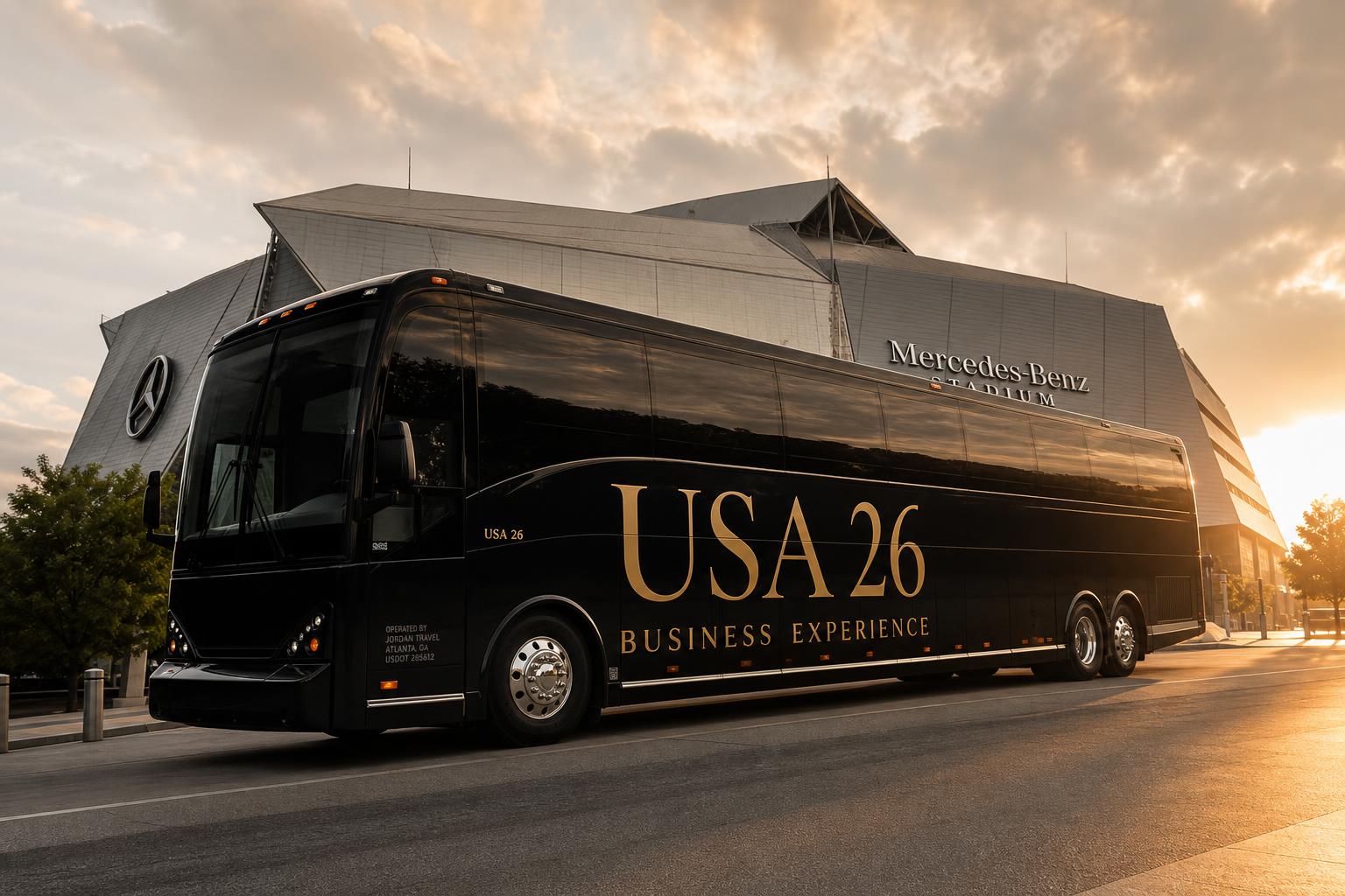 Ônibus de transfer identificado com "USA 26 Business Experience"